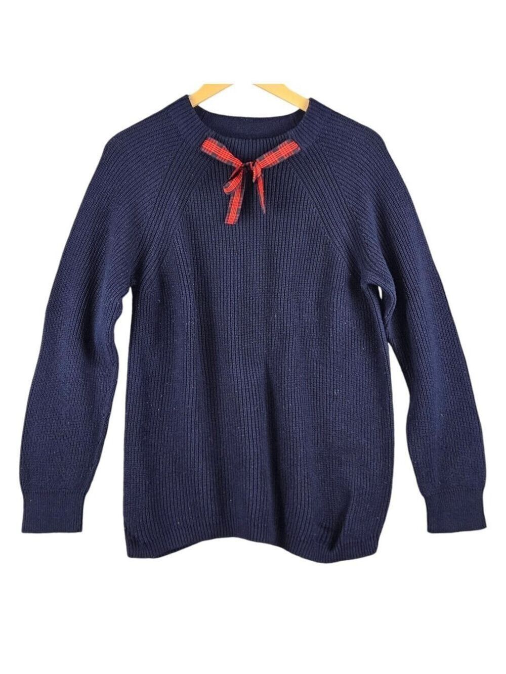 J.Crew Mercantile Women's Navy Knit Sweater L Red Plaid Bow Accent Raglan Sleeve